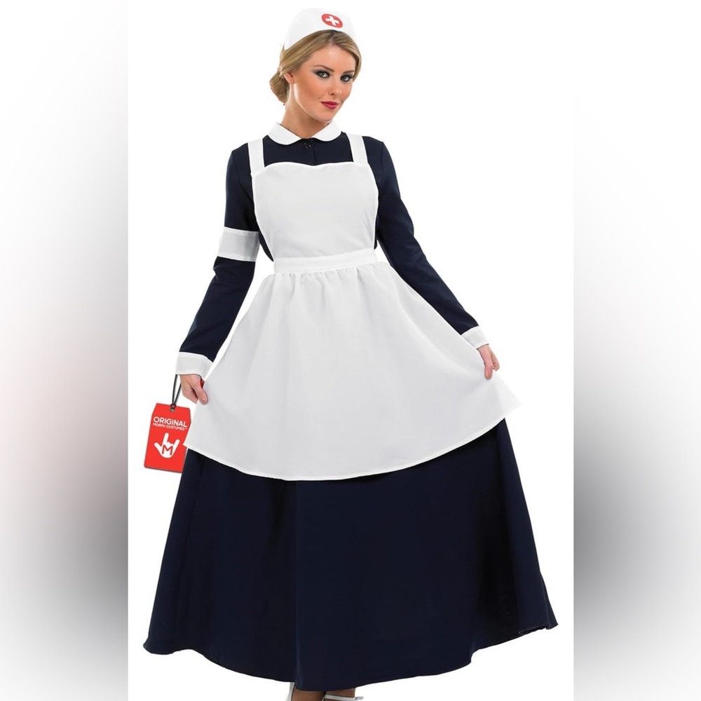 Classic Navy and White Nurse Dress Costume - Traditional Apron Style